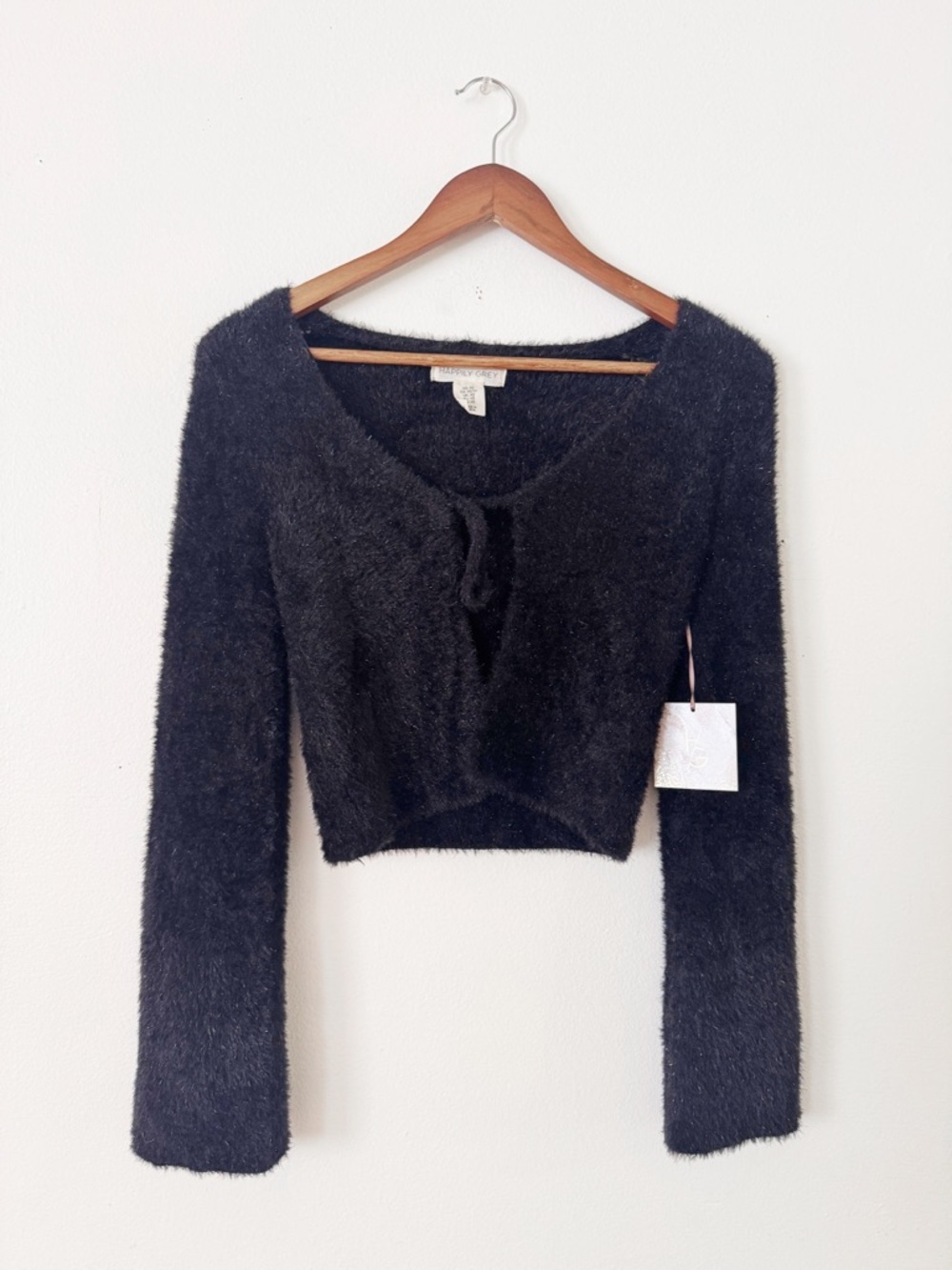 Happily Grey Fuzzy Black Cropped Tie-Front Sweater XS NWT
